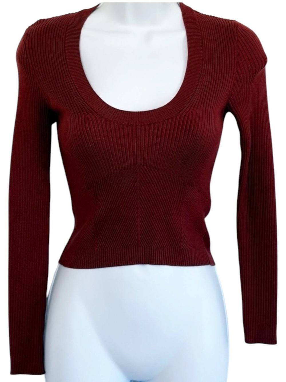 ABERCROMBIE & FITCH Ribbed Scoop Neck Cropped Long Sleeve Top Burgundy XS - Picture 1 of 7